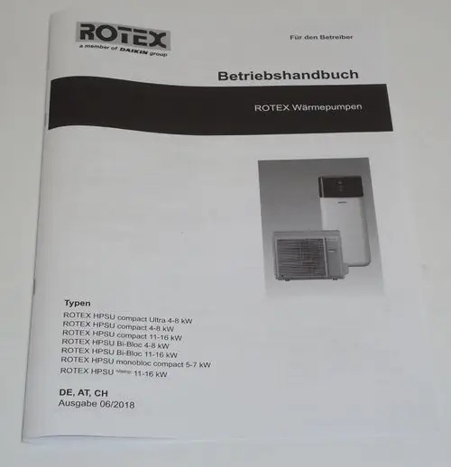 Betriebsanleitung für Daikin Rotex Wärmepumpen, mit Typenübersicht und technischen Informationen auf der Vorderseite. Ausgabe 06/2018 für DE, AT, CH.